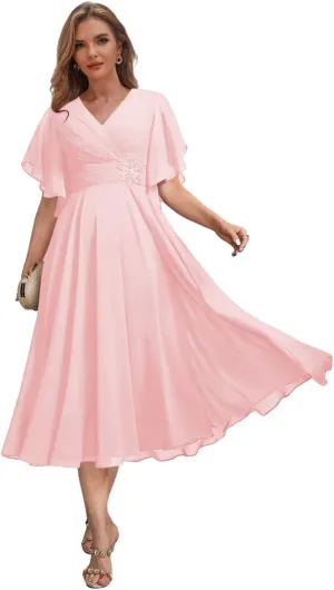 Chiffon Mother of The Bride Dresses with Sleeves for Women Tea Length Formal Wedding Guest Dress