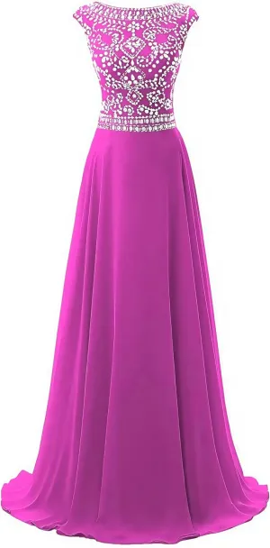 Chiffon Prom Dresses Long for Women A-Line Beaded Belt Formal Evening Party Ball Gowns with