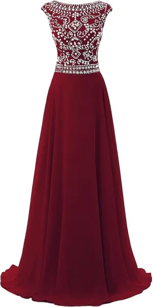 Chiffon Prom Dresses Long for Women A-Line Beaded Belt Formal Evening Party Ball Gowns with