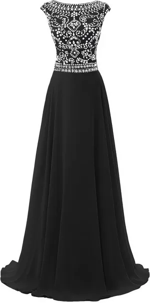 Chiffon Prom Dresses Long for Women A-Line Beaded Belt Formal Evening Party Ball Gowns with