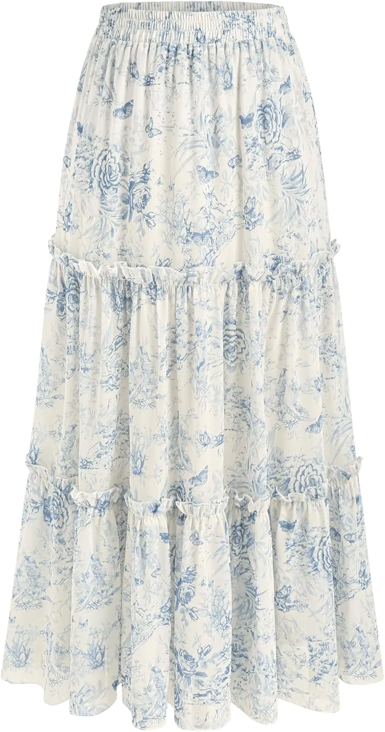 CIDER Santorini Beach Vacation Floral Tiered Ruffle Hem Maxi Skirt