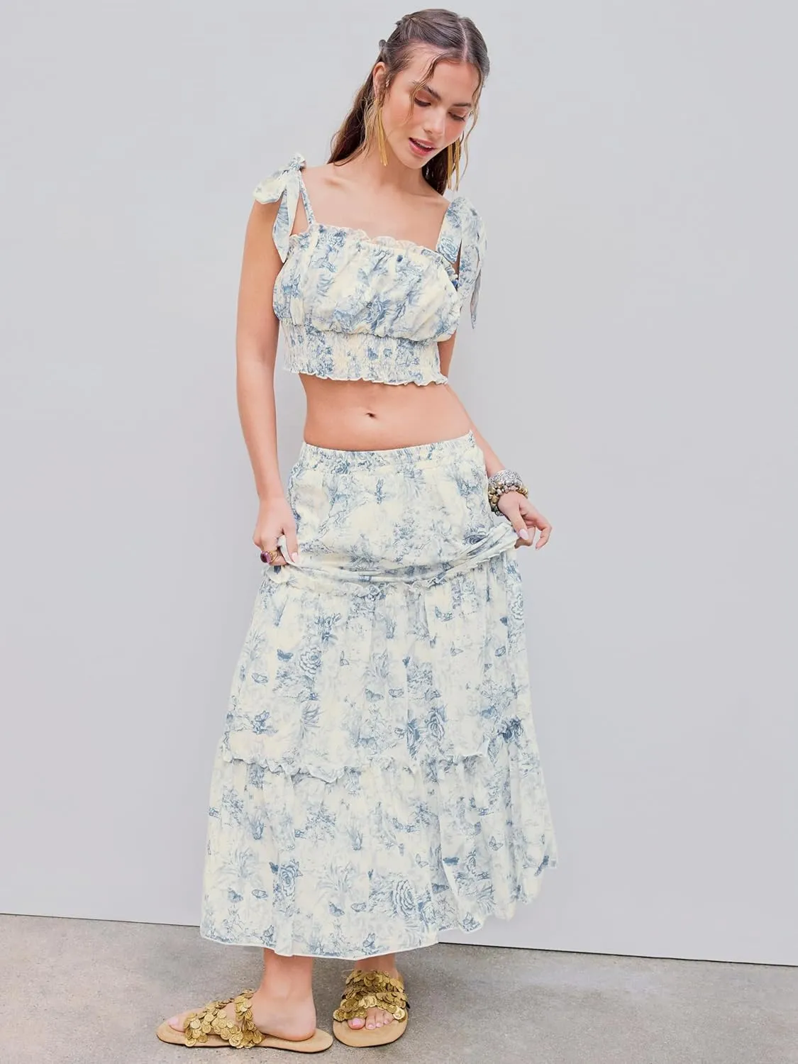 CIDER Santorini Beach Vacation Floral Tiered Ruffle Hem Maxi Skirt