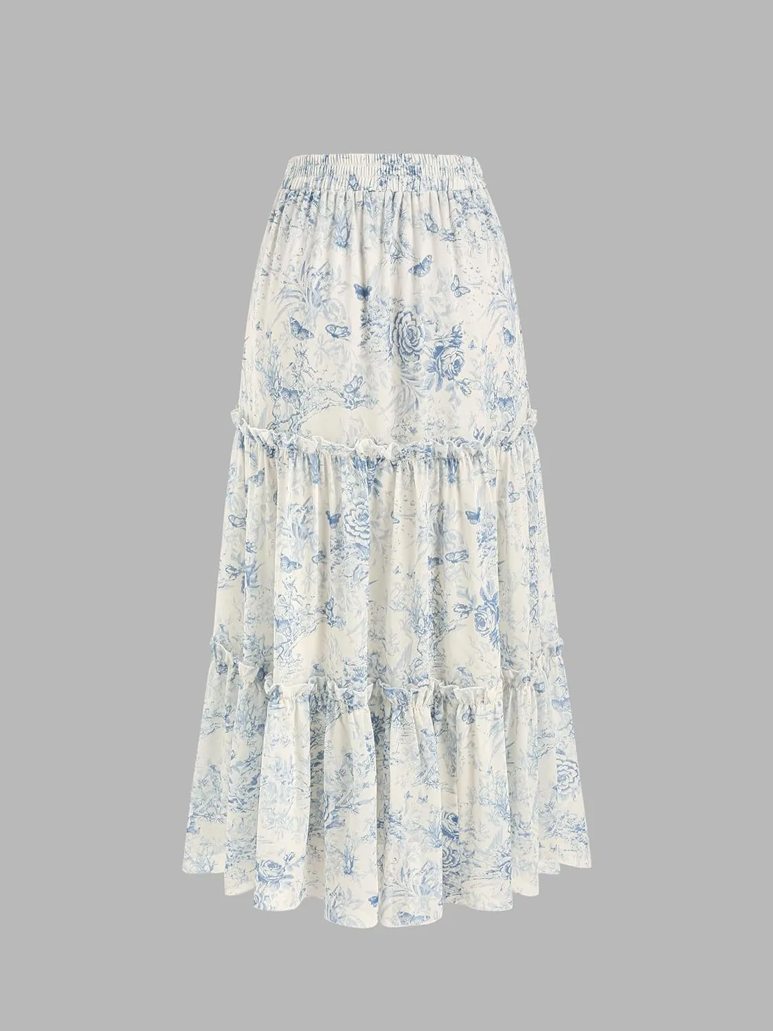 CIDER Santorini Beach Vacation Floral Tiered Ruffle Hem Maxi Skirt