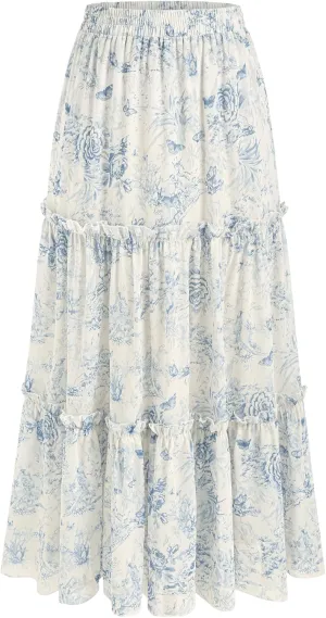 CIDER Santorini Beach Vacation Floral Tiered Ruffle Hem Maxi Skirt