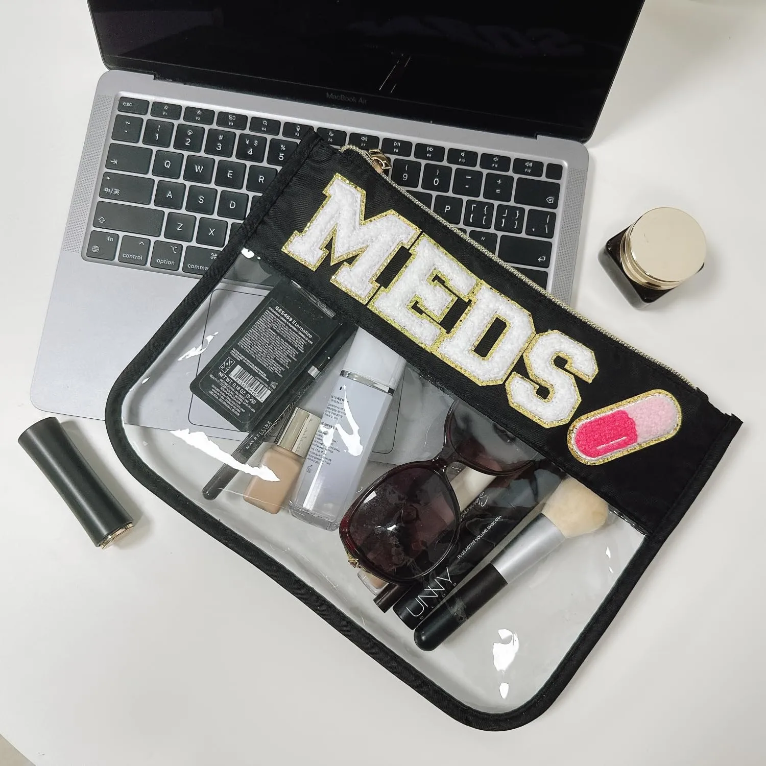 Clear Chenille Letter Makeup Bag Medicine Drug Bag Waterproof PVC&Nylon Preppy Patch Zipper Pouch Cosmetic Toiletry Travel Storage Bag for Women Girls (MEDS-black)