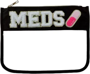 Clear Chenille Letter Makeup Bag Medicine Drug Bag Waterproof PVC&Nylon Preppy Patch Zipper Pouch Cosmetic Toiletry Travel Storage Bag for Women Girls (MEDS-black)