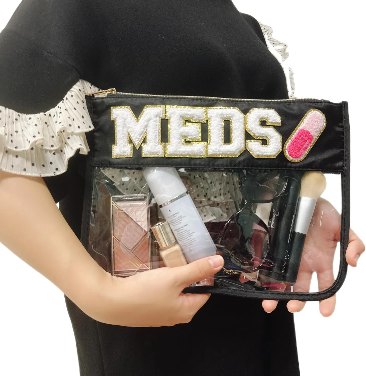Clear Chenille Letter Makeup Bag Medicine Drug Bag Waterproof PVC&Nylon Preppy Patch Zipper Pouch Cosmetic Toiletry Travel Storage Bag for Women Girls (MEDS-black)