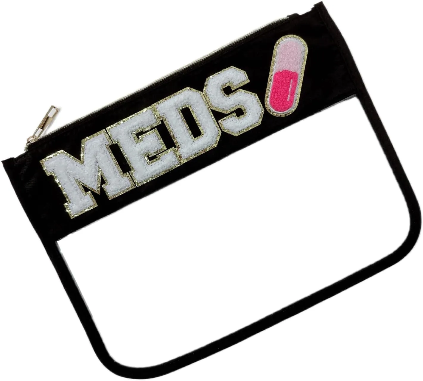 Clear Chenille Letter Makeup Bag Medicine Drug Bag Waterproof PVC&Nylon Preppy Patch Zipper Pouch Cosmetic Toiletry Travel Storage Bag for Women Girls (MEDS-black)