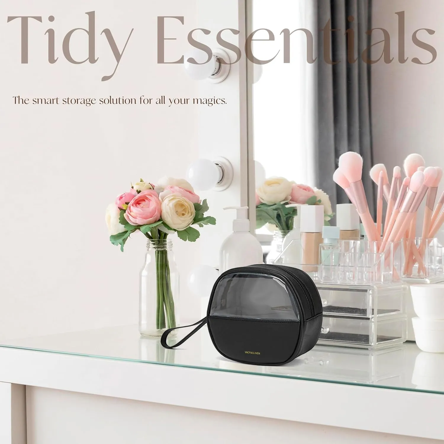 Clear Makeup Bag for Travel, Mini Waterproof Cosmetic Organizer with Zipper, Portable Transparent Toiletry Bag for Women & Men (6.7x6 Inch) - Fits Makeup, Skincare, Jewelry (Black)