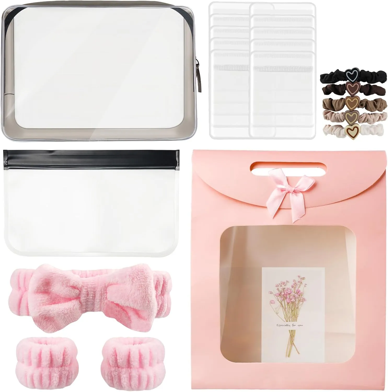 Clear Makeup Bag, Travel Essential Toiletry Bag with Jewelry & Brush Bags, Spa kit Headband, Wristbands, Heart Hair Ties, Cosmetic Organizer Gift Set for Women - Birthday, Graduation, Bridesmaid