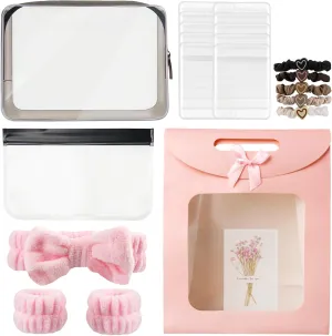 Clear Makeup Bag, Travel Essential Toiletry Bag with Jewelry & Brush Bags, Spa kit Headband, Wristbands, Heart Hair Ties, Cosmetic Organizer Gift Set for Women - Birthday, Graduation, Bridesmaid