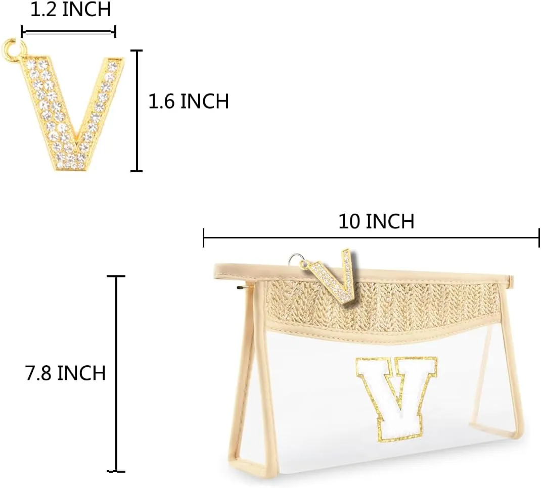 Clear Makeup Bag,Boho Straw Travel Toiletry Bag,Small Cute Stadium Chenille Letter and Lette Zipper Puller,Waterproof Makeup Bag Pouch Purse,Portable Monogrammed Cosmetic Bag for Women Girls,V
