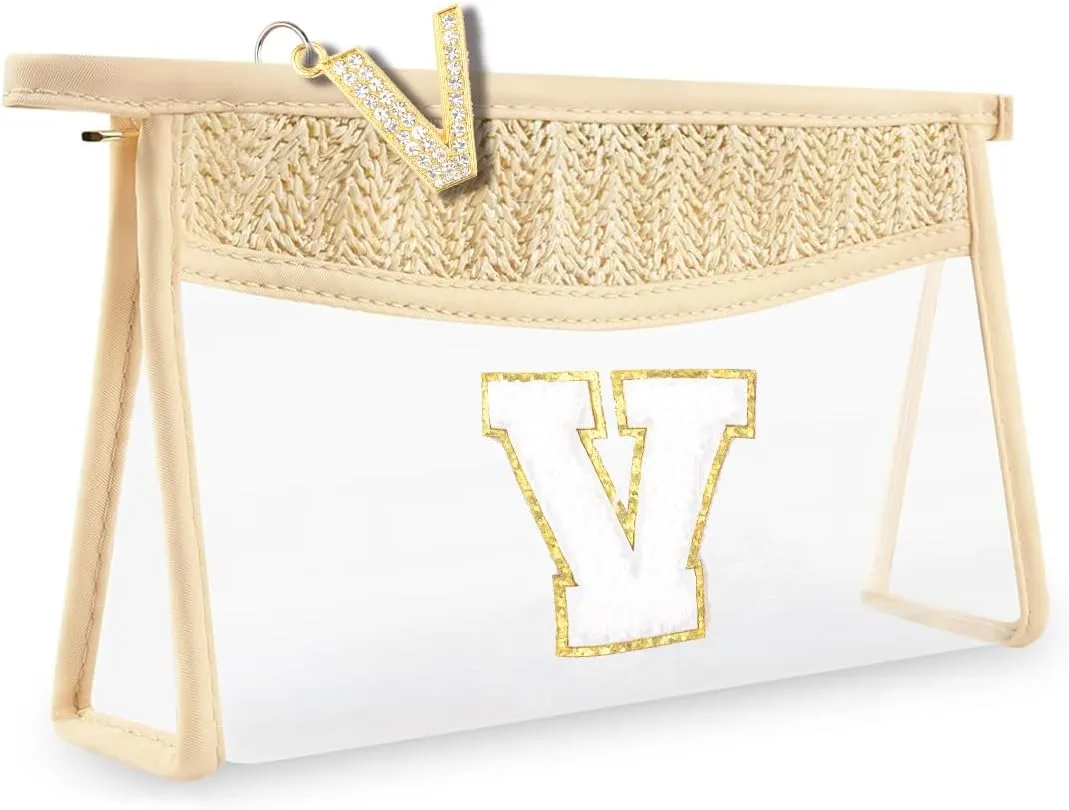 Clear Makeup Bag,Boho Straw Travel Toiletry Bag,Small Cute Stadium Chenille Letter and Lette Zipper Puller,Waterproof Makeup Bag Pouch Purse,Portable Monogrammed Cosmetic Bag for Women Girls,V