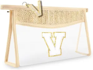 Clear Makeup Bag,Boho Straw Travel Toiletry Bag,Small Cute Stadium Chenille Letter and Lette Zipper Puller,Waterproof Makeup Bag Pouch Purse,Portable Monogrammed Cosmetic Bag for Women Girls,V