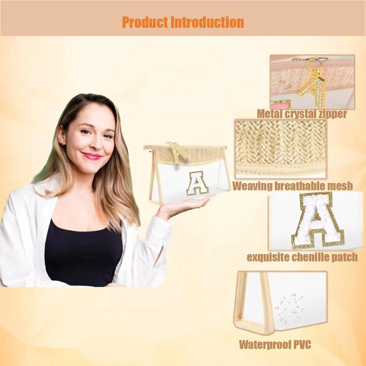 Clear Makeup Bag,Boho Straw Travel Toiletry Bag,Small Cute Stadium Chenille Letter and Lette Zipper Puller,Waterproof Makeup Bag Pouch Purse,Portable Monogrammed Cosmetic Bag for Women Girls,V