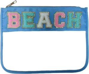 Clear Makeup Letter Bag Chenille Glitter Varsity Letter Patch Zipper Toiletry Pouch Travel Beach Summer Pool Bag Gifts for Women Girls(Beach-blue)