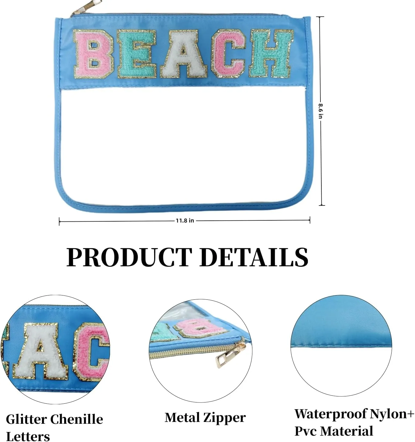 Clear Makeup Letter Bag Chenille Glitter Varsity Letter Patch Zipper Toiletry Pouch Travel Beach Summer Pool Bag Gifts for Women Girls(Beach-blue)