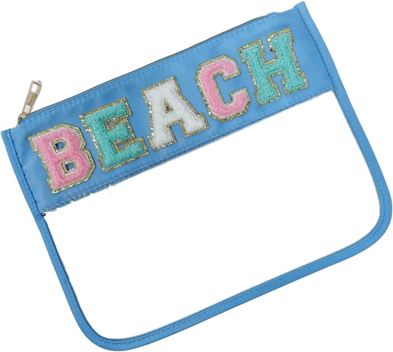 Clear Makeup Letter Bag Chenille Glitter Varsity Letter Patch Zipper Toiletry Pouch Travel Beach Summer Pool Bag Gifts for Women Girls(Beach-blue)
