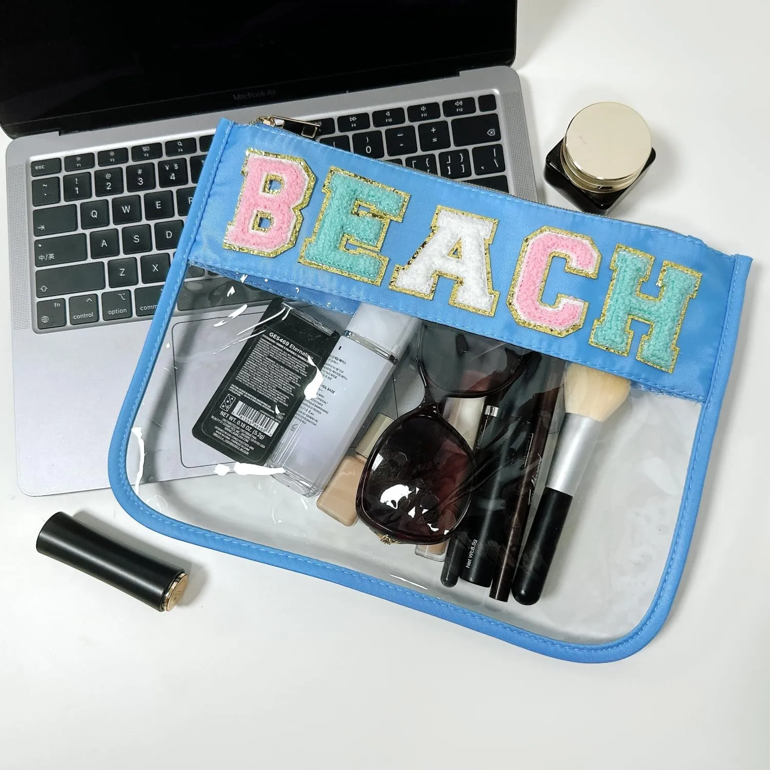 Clear Makeup Letter Bag Chenille Glitter Varsity Letter Patch Zipper Toiletry Pouch Travel Beach Summer Pool Bag Gifts for Women Girls(Beach-blue)