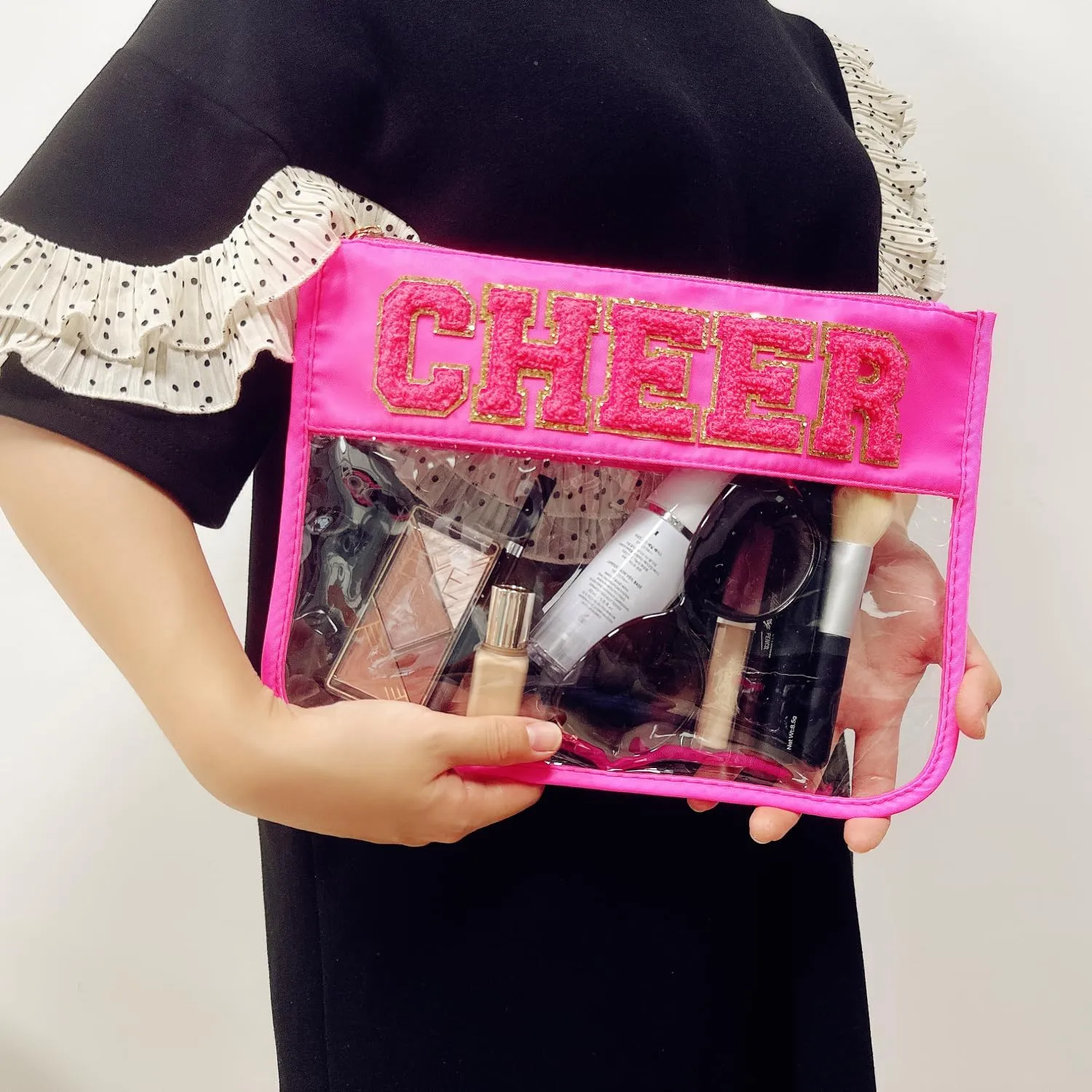 Clear Makeup Letter Bag Cosmetic Cheer Bag Cheerleader Gifts Chenille Letter Patch Cheer Makeup Bag Case Toiletry Zipper Pouch for Women Girls(Cheer-hot pink)