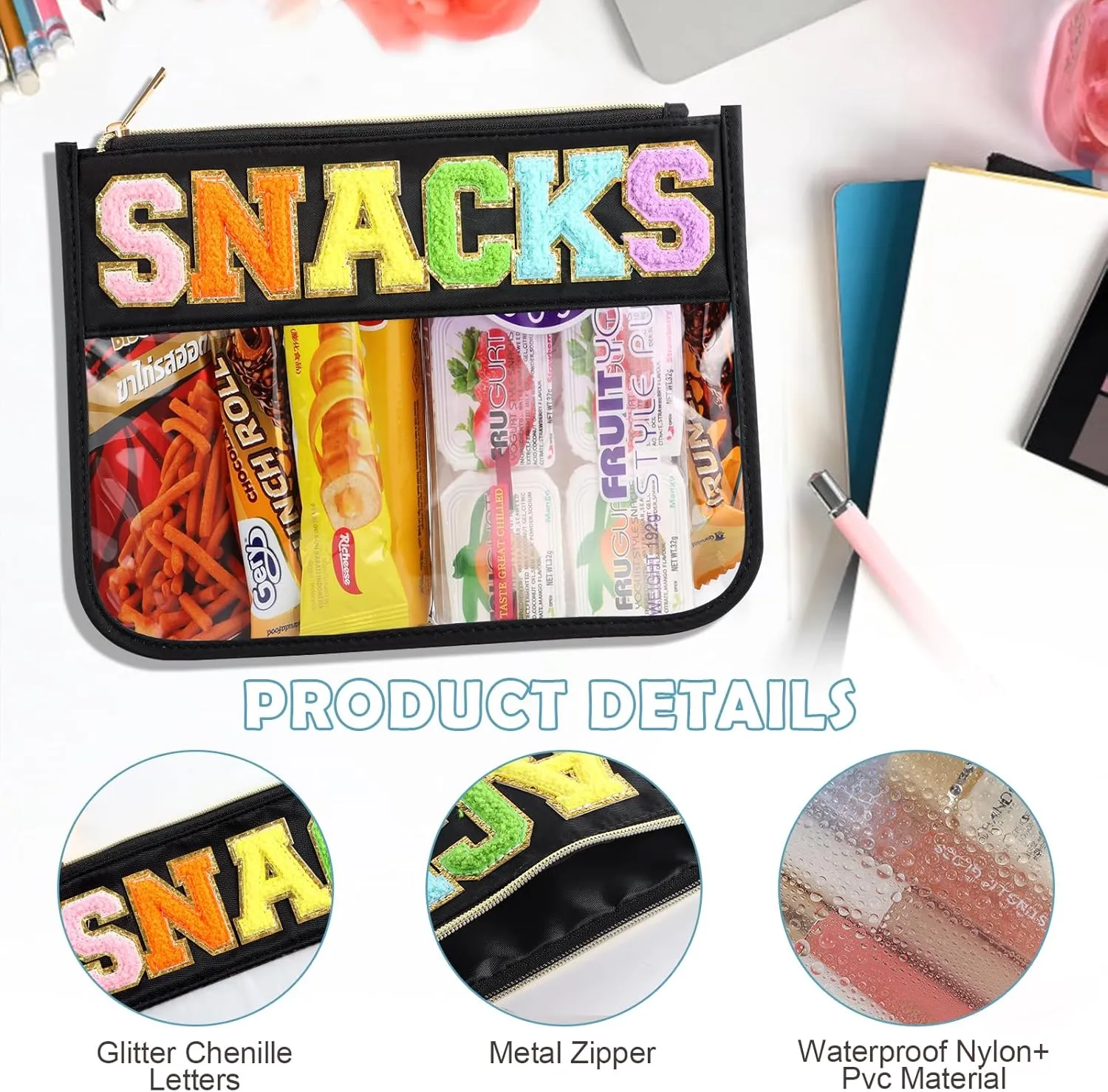 Clear Snack Bag With Chenille Letter Zipper - Nylon Cosmetic Pouch for Travel - Toiletry Bag for Women (Black-Snacks)