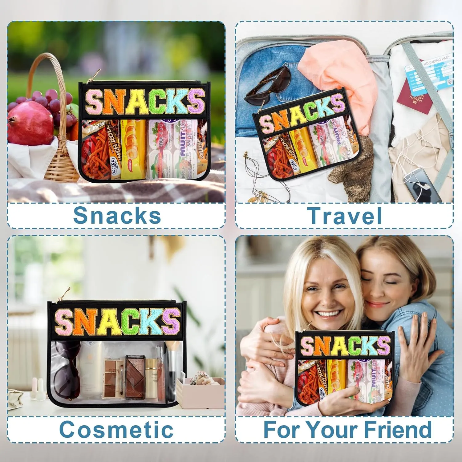 Clear Snack Bag With Chenille Letter Zipper - Nylon Cosmetic Pouch for Travel - Toiletry Bag for Women (Black-Snacks)