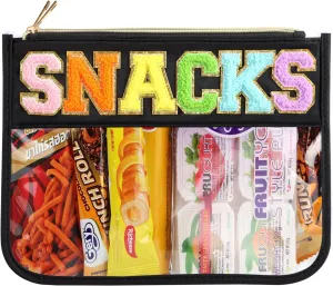 Clear Snack Bag With Chenille Letter Zipper - Nylon Cosmetic Pouch for Travel - Toiletry Bag for Women (Black-Snacks)