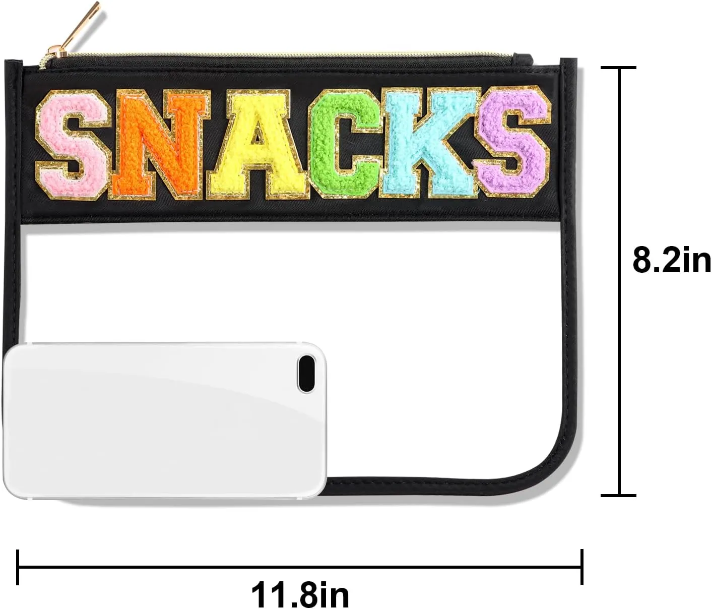 Clear Snack Bag With Chenille Letter Zipper - Nylon Cosmetic Pouch for Travel - Toiletry Bag for Women (Black-Snacks)
