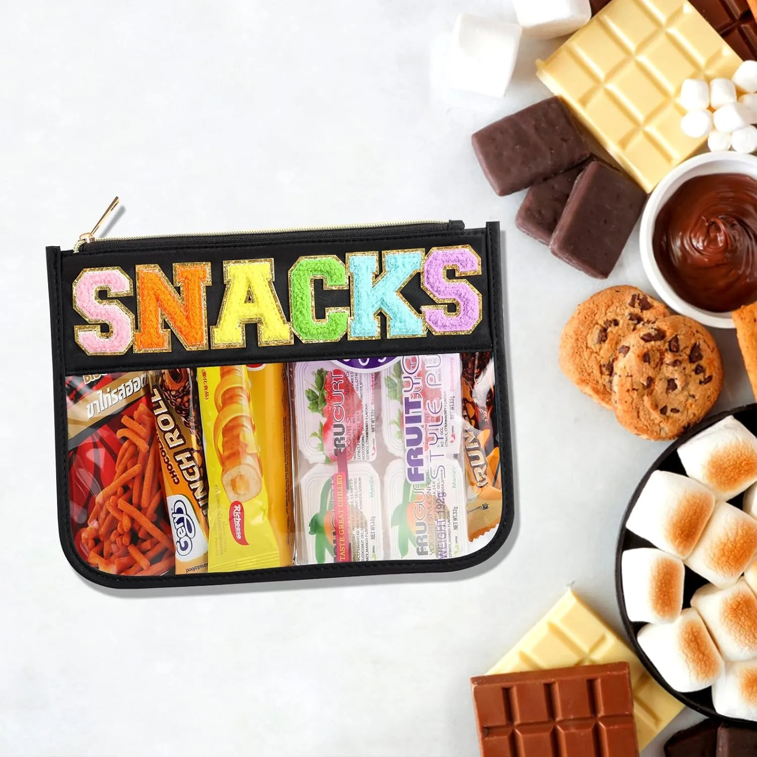 Clear Snack Bag With Chenille Letter Zipper - Nylon Cosmetic Pouch for Travel - Toiletry Bag for Women (Black-Snacks)
