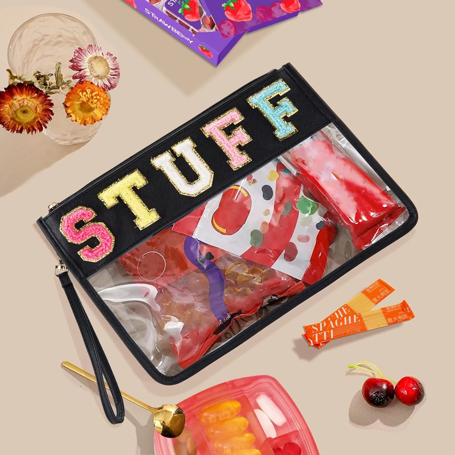 Clear Stuff Bag for Travel,Chenille Letter Sewn On Zipper Pouch, PVC&PU Leather Cosmetic Bags,Sunscreen Bag, Toiletry Bag, Water-proof Makeup Bag For Women and Children, Gym, Beach (black)