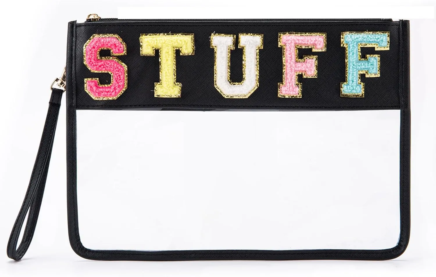 Clear Stuff Bag for Travel,Chenille Letter Sewn On Zipper Pouch, PVC&PU Leather Cosmetic Bags,Sunscreen Bag, Toiletry Bag, Water-proof Makeup Bag For Women and Children, Gym, Beach (black)