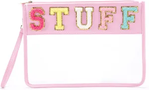 Clear Stuff Bag for Travel,Chenille Letter Sewn On Zipper Pouch, PVC&PU Leather Cosmetic Bags,Sunscreen Bag, Toiletry Bag, Water-proof Makeup Bag For Women and Children, Gym,Beach (Pink)