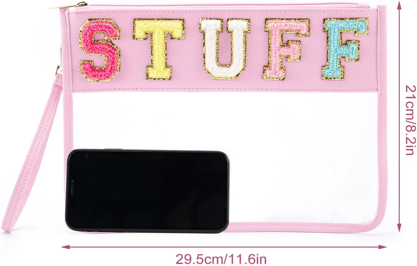 Clear Stuff Bag for Travel,Chenille Letter Sewn On Zipper Pouch, PVC&PU Leather Cosmetic Bags,Sunscreen Bag, Toiletry Bag, Water-proof Makeup Bag For Women and Children, Gym,Beach (Pink)
