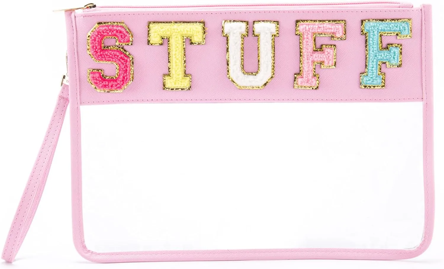 Clear Stuff Bag for Travel,Chenille Letter Sewn On Zipper Pouch, PVC&PU Leather Cosmetic Bags,Sunscreen Bag, Toiletry Bag, Water-proof Makeup Bag For Women and Children, Gym,Beach (Pink)