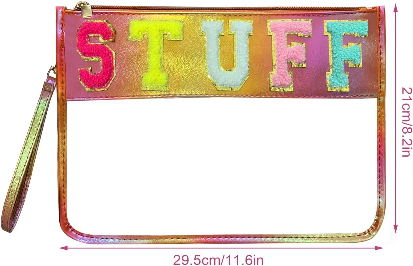 Clear Stuff Bag for Travel,Chenille Letter Sewn On Zipper Pouch, PVC&PU Leather Cosmetic Bags,Sunscreen Bag, Toiletry Bag, Water-proof Makeup Bag For Women and Friend, Gym,Beach (Colorful)