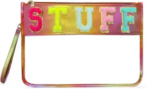 Clear Stuff Bag for Travel,Chenille Letter Sewn On Zipper Pouch, PVC&PU Leather Cosmetic Bags,Sunscreen Bag, Toiletry Bag, Water-proof Makeup Bag For Women and Friend, Gym,Beach (Colorful)