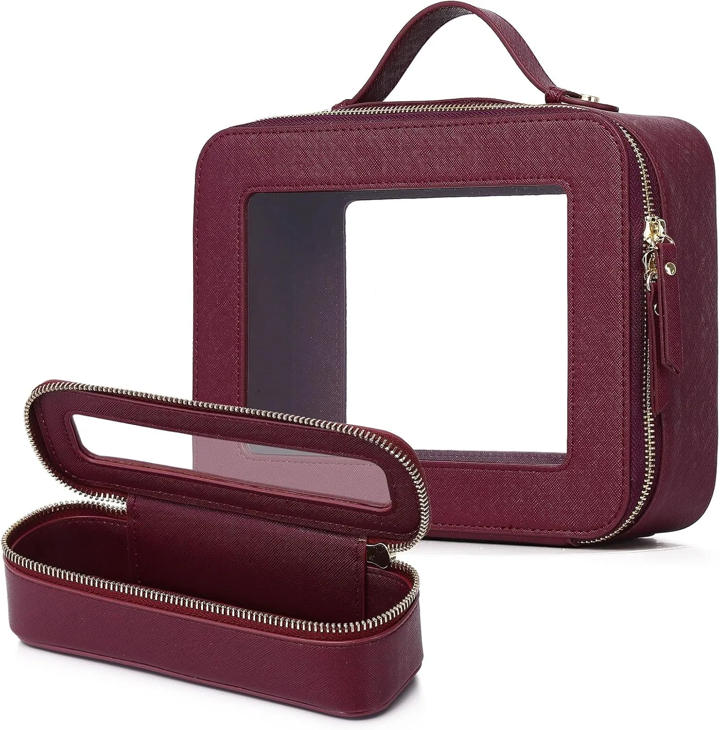 Clear Travel Makeup Bag with Brush Bag Portable Transparent Cosmetic Bag and Toiletry Bag Waterproof Clear Makeup Bag with Zipper Car Bag for Women (Burgundy, L Slim)