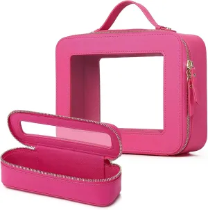 Clear Travel Makeup Bag with Brush Bag Portable Transparent Cosmetic Bag and Toiletry Bag Waterproof Clear Makeup Bag with Zipper Car Bag for Women (Fuxia, L Slim)