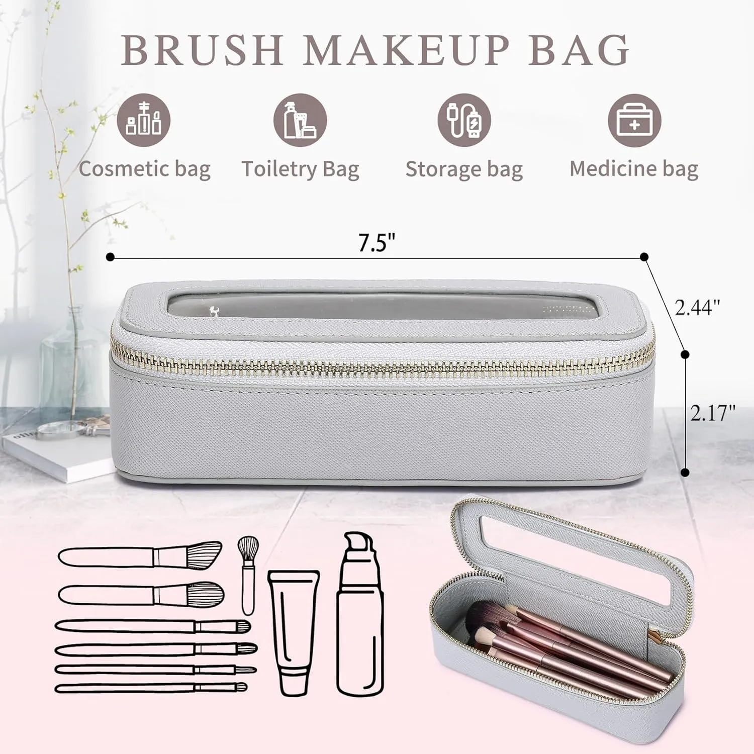 Clear Travel Makeup Bag with Brush Bag Portable Transparent Cosmetic Bag and Toiletry Bag Waterproof Clear Makeup Bag with Zipper Car Bag for Women (Gray, L Slim)