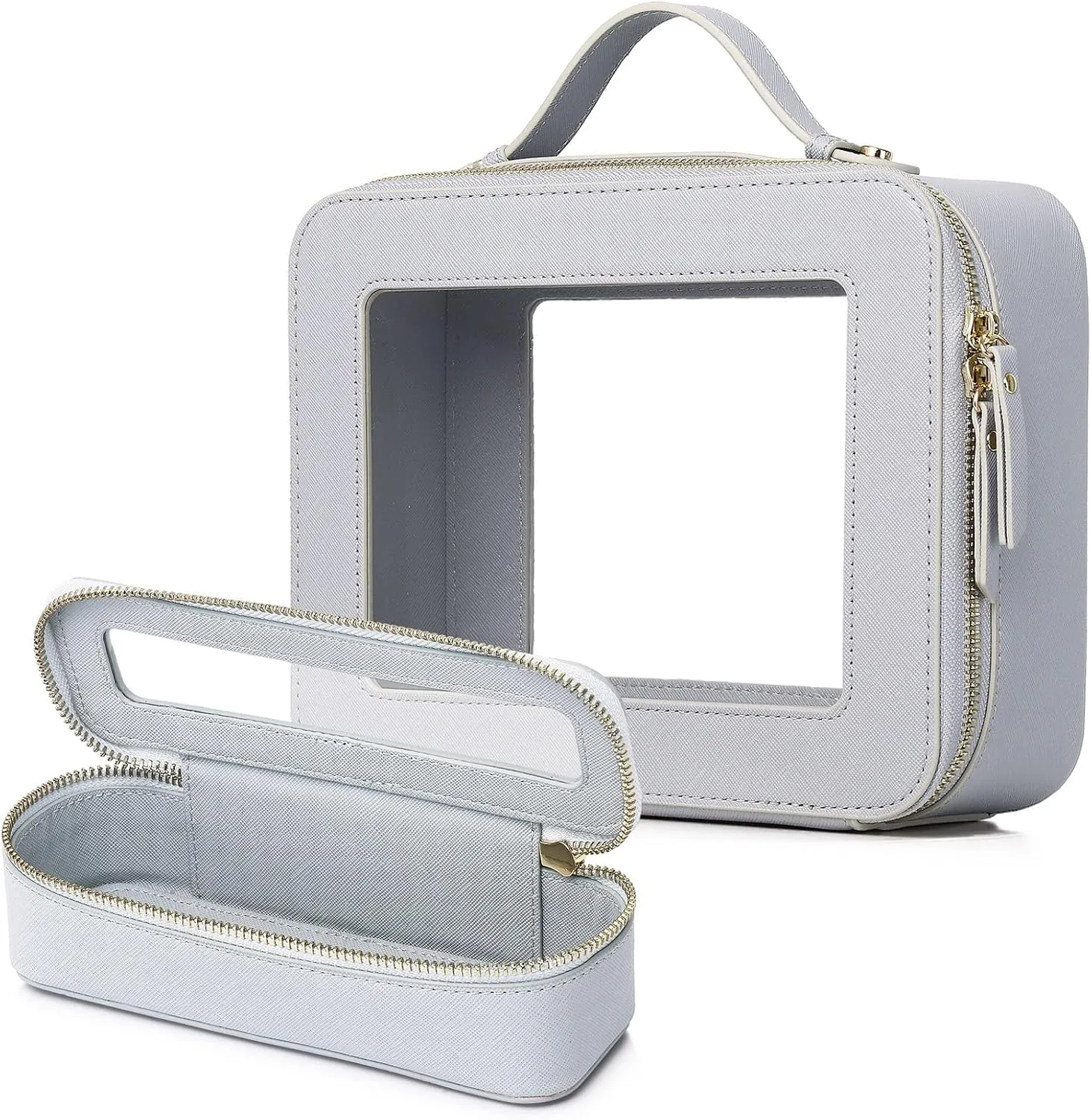 Clear Travel Makeup Bag with Brush Bag Portable Transparent Cosmetic Bag and Toiletry Bag Waterproof Clear Makeup Bag with Zipper Car Bag for Women (Gray, L Slim)