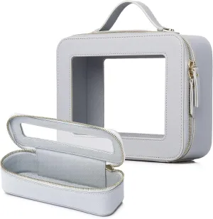 Clear Travel Makeup Bag with Brush Bag Portable Transparent Cosmetic Bag and Toiletry Bag Waterproof Clear Makeup Bag with Zipper Car Bag for Women (Gray, L Slim)