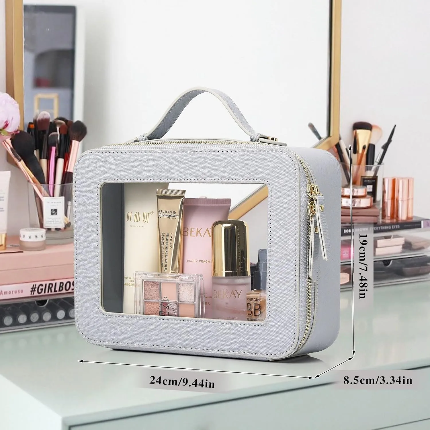 Clear Travel Makeup Bag with Brush Bag Portable Transparent Cosmetic Bag and Toiletry Bag Waterproof Clear Makeup Bag with Zipper Car Bag for Women (Gray, L Slim)