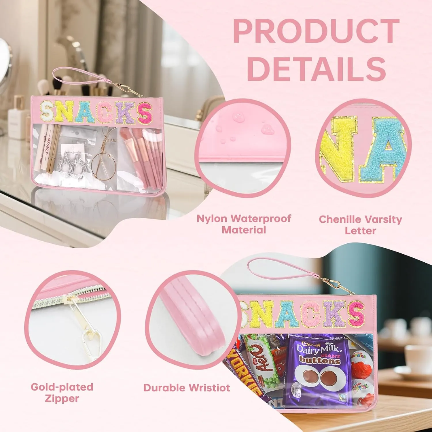 Clear Zipper Pouch for Travel Snacks Bag Nylon Clear Cosmetic Bag Makeup Travel Bag for Women with Glitter Patch Letters (Pink-Snacks)