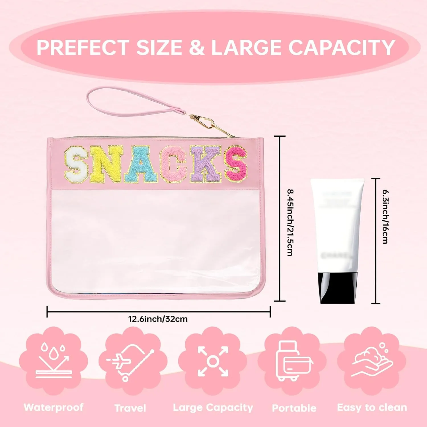 Clear Zipper Pouch for Travel Snacks Bag Nylon Clear Cosmetic Bag Makeup Travel Bag for Women with Glitter Patch Letters (Pink-Snacks)