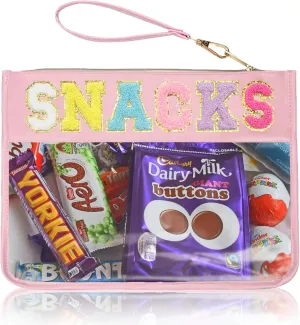 Clear Zipper Pouch for Travel Snacks Bag Nylon Clear Cosmetic Bag Makeup Travel Bag for Women with Glitter Patch Letters (Pink-Snacks)