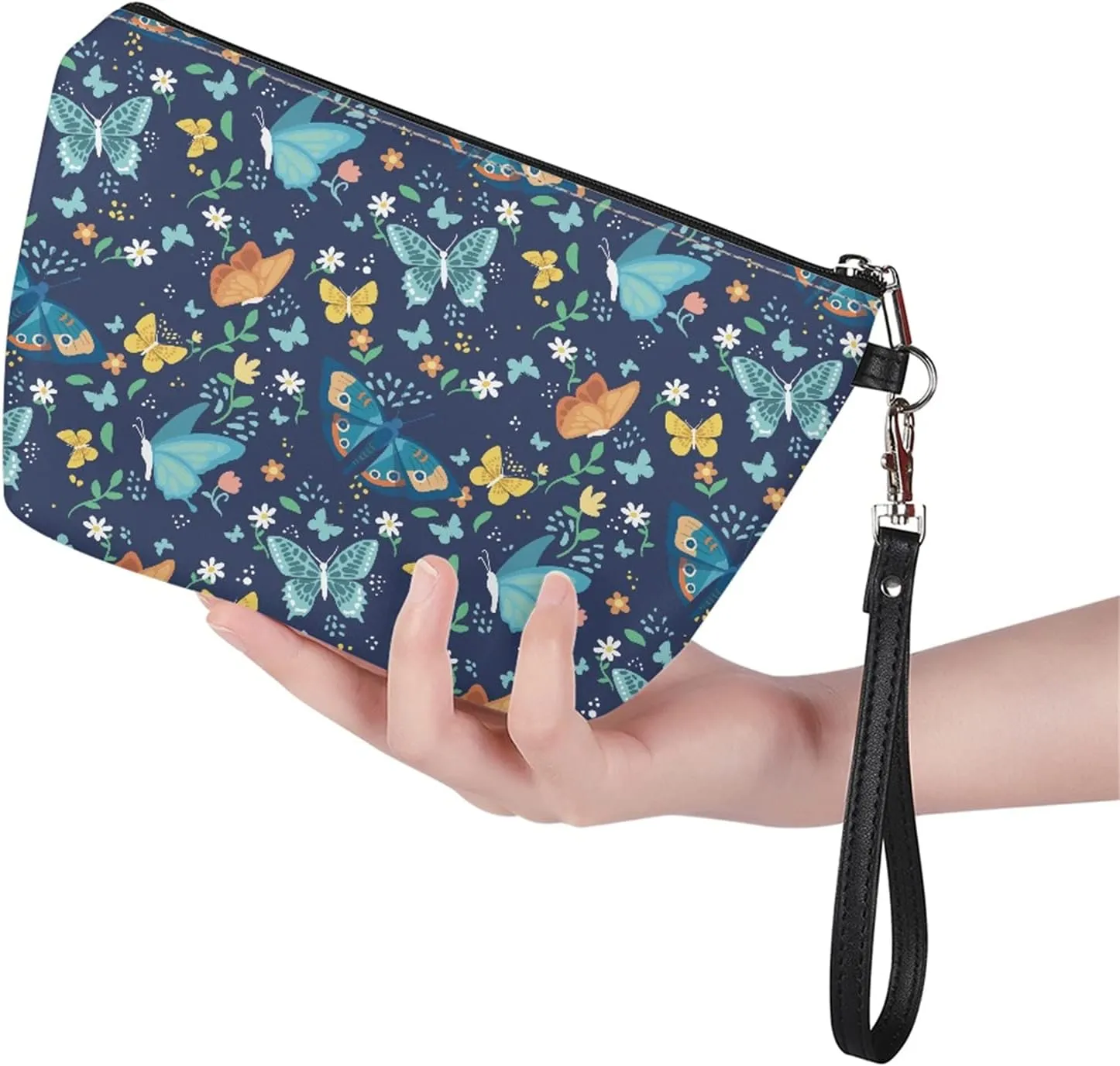 Coldinair Butterfly Floral Print Makeup Bag for Women Girls,Soft PU Leather Cosmetic Bag Pouch for Purse Toiletry Bag