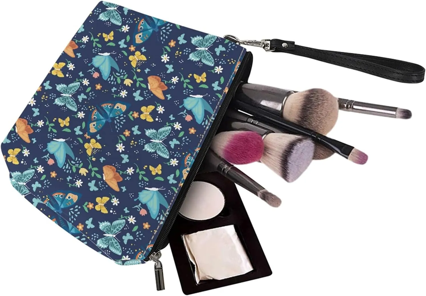 Coldinair Butterfly Floral Print Makeup Bag for Women Girls,Soft PU Leather Cosmetic Bag Pouch for Purse Toiletry Bag