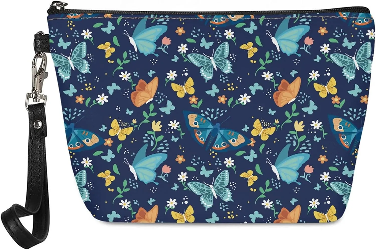 Coldinair Butterfly Floral Print Makeup Bag for Women Girls,Soft PU Leather Cosmetic Bag Pouch for Purse Toiletry Bag