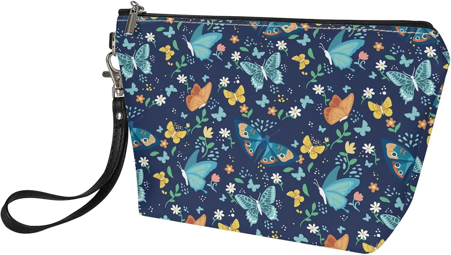 Coldinair Butterfly Floral Print Makeup Bag for Women Girls,Soft PU Leather Cosmetic Bag Pouch for Purse Toiletry Bag