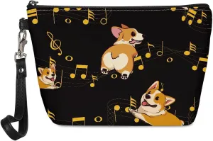 Coldinair Corgi Musical Notes Print PU Leather Makeup Bag Cosmetic Pouch Toiletry Travel Organizer for Women Girls,Black